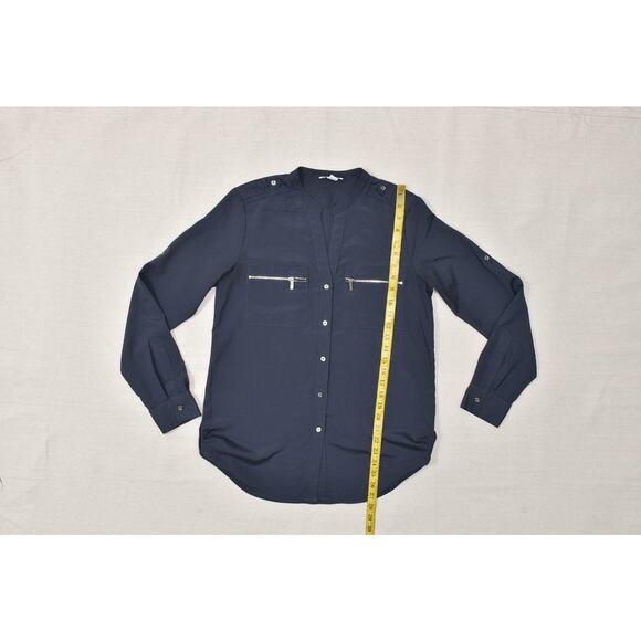 Calvin Klein Women's Blue V Neck Button Up Blouse Size S Long Sleeve Polyester - Picture 3 of 8